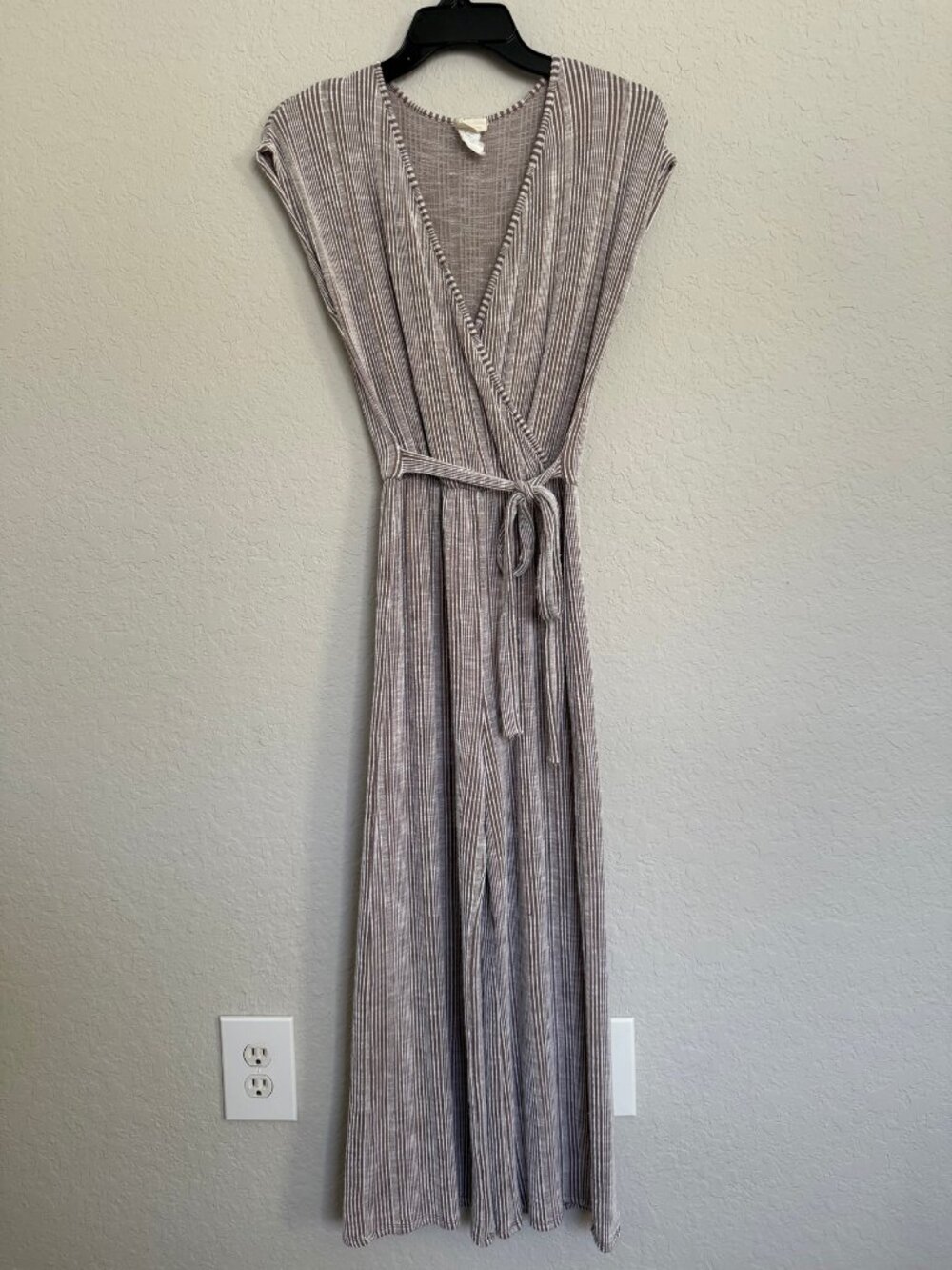 Caution to the Wind Striped Faux Wrap Jumpsuit Wide Leg Tie Waist Womens S Boho